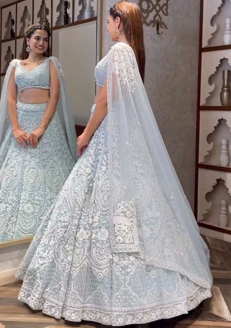 White Embroidered Net Lehenga Set for Diwali and Festive Wear - Indya