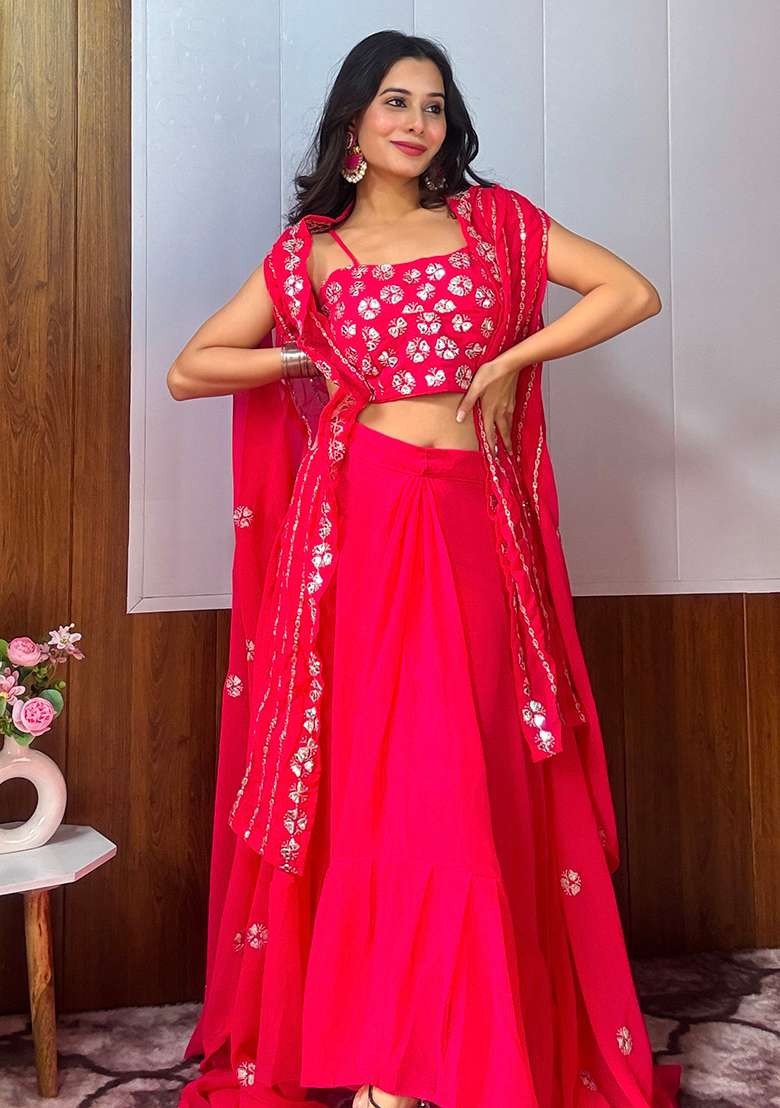 Pink Embroidered Georgette Lehenga Set for Diwali and Festive Wear - Indya