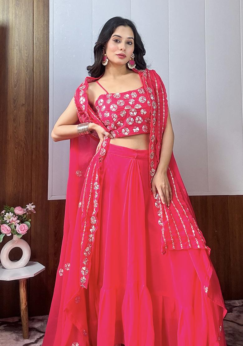 Pink Embroidered Georgette Lehenga Set - Indya
