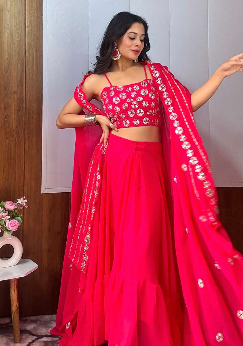 Pink Embroidered Georgette Lehenga Set for Diwali and Festive Wear - Indya
