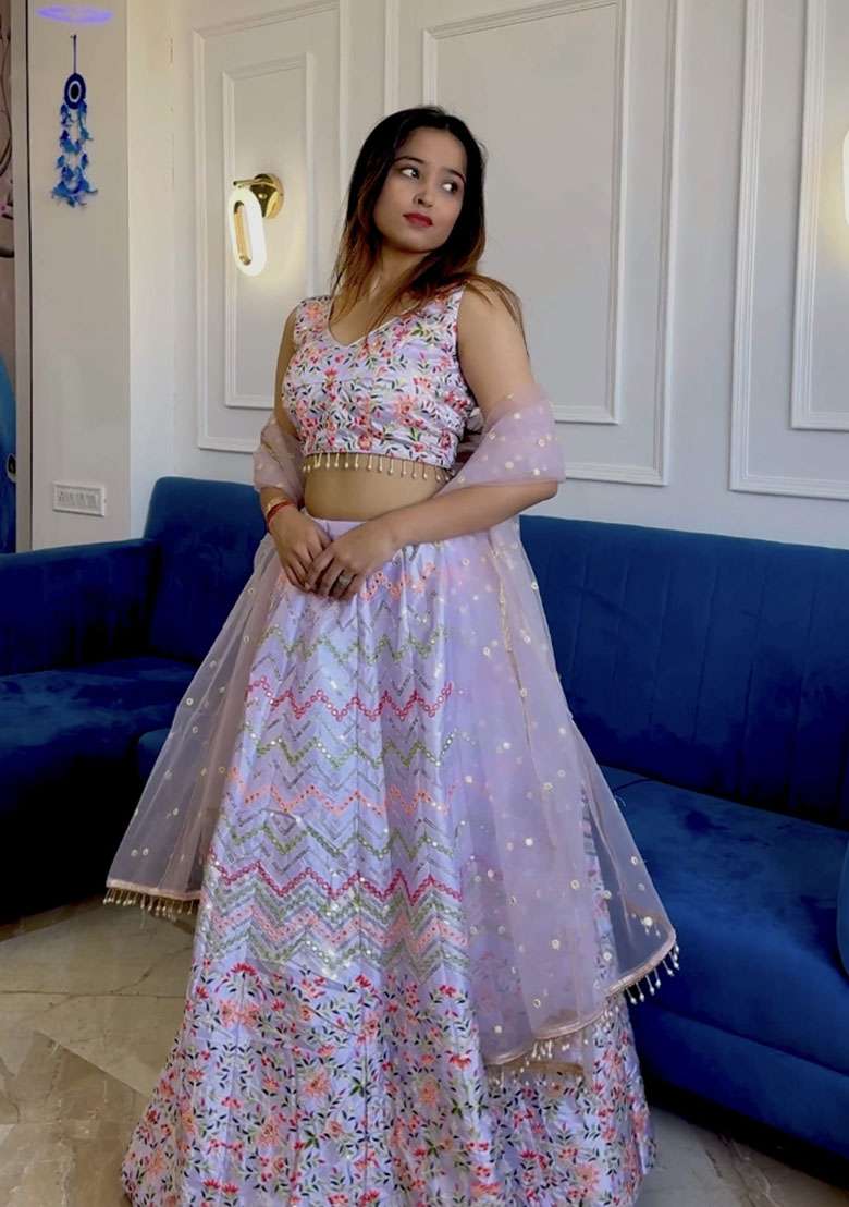 White Embroidered Silk Blend Lehenga Set for Diwali and Festive Wear - Indya
