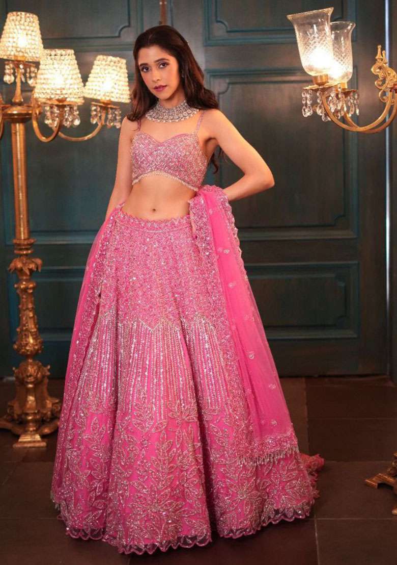 Baby Pink Embroidered Net Lehenga Set for Diwali and Festive Wear - Indya