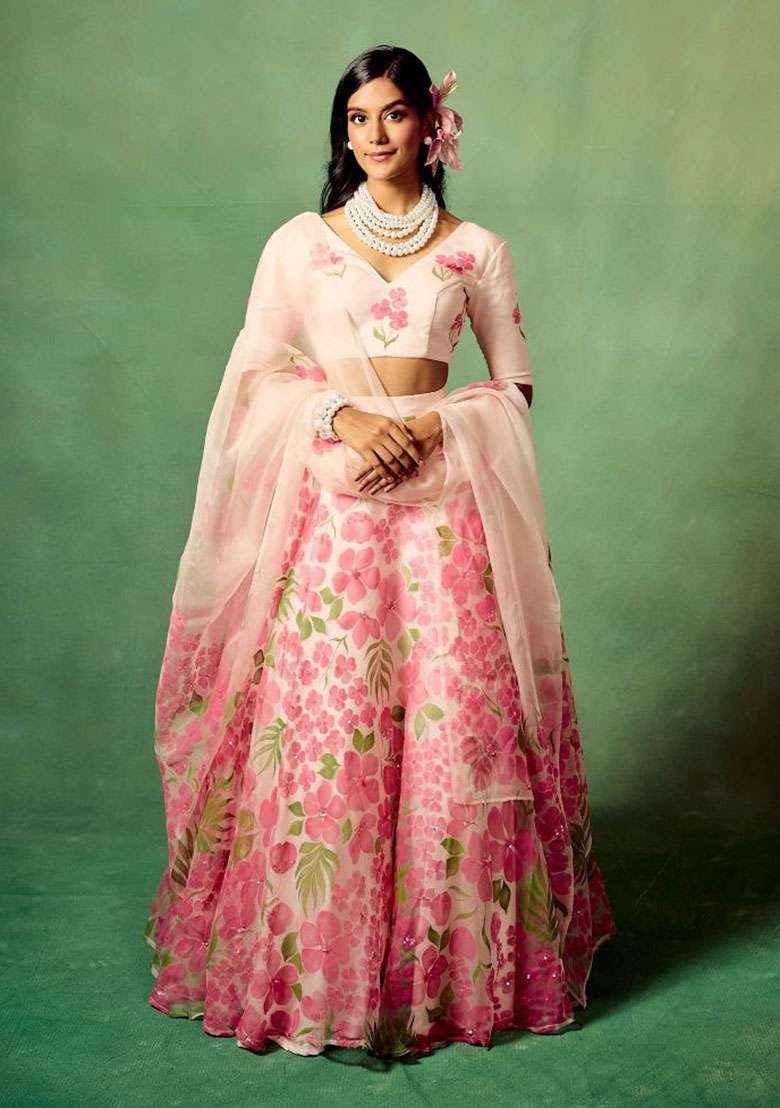 Baby Pink Silk Blend Lehenga Set with Embroidered for Diwali | Wedding & Festive Wear - Indya