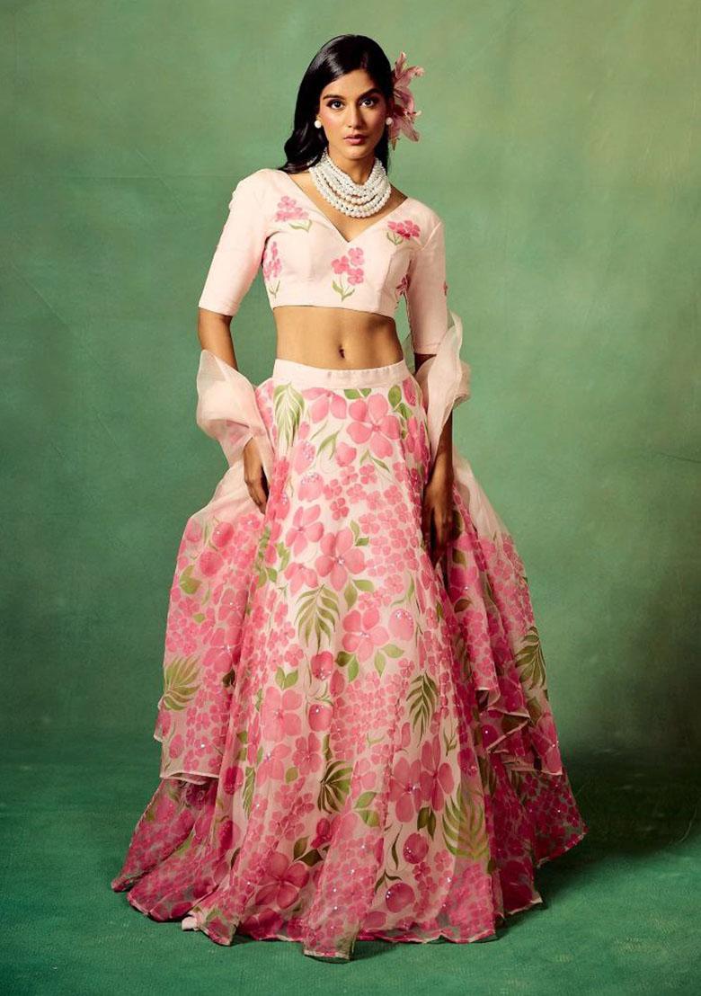 Baby Pink Embroidered Silk Lehenga Set - Indya
