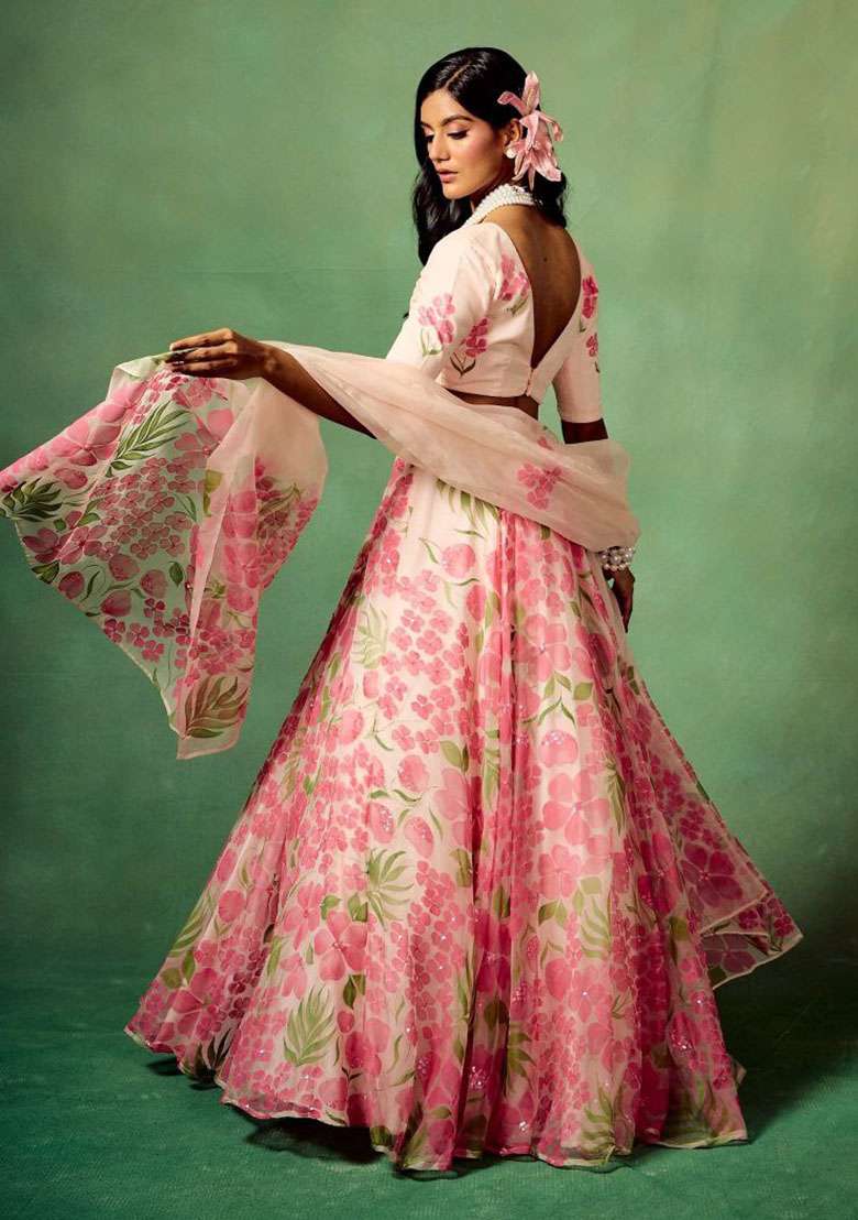 Baby Pink Silk Blend Lehenga Set with Embroidered for Diwali | Wedding & Festive Wear - Indya