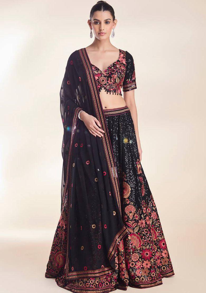 Black Embroidered Georgette Lehenga Set - Indya