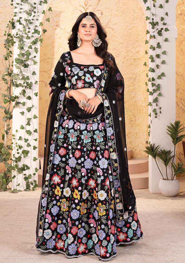 Black Embroidered Georgette Lehenga Set for Diwali and Festive Wear - Indya
