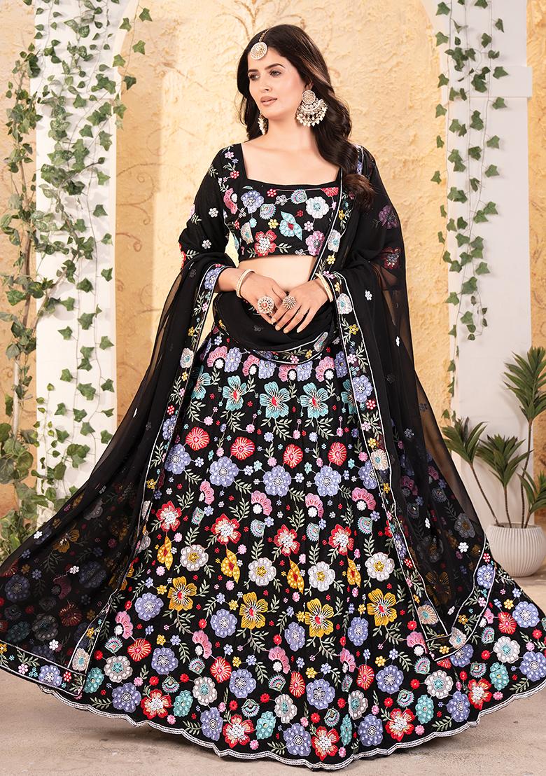Black Embroidered Georgette Lehenga Set - Indya
