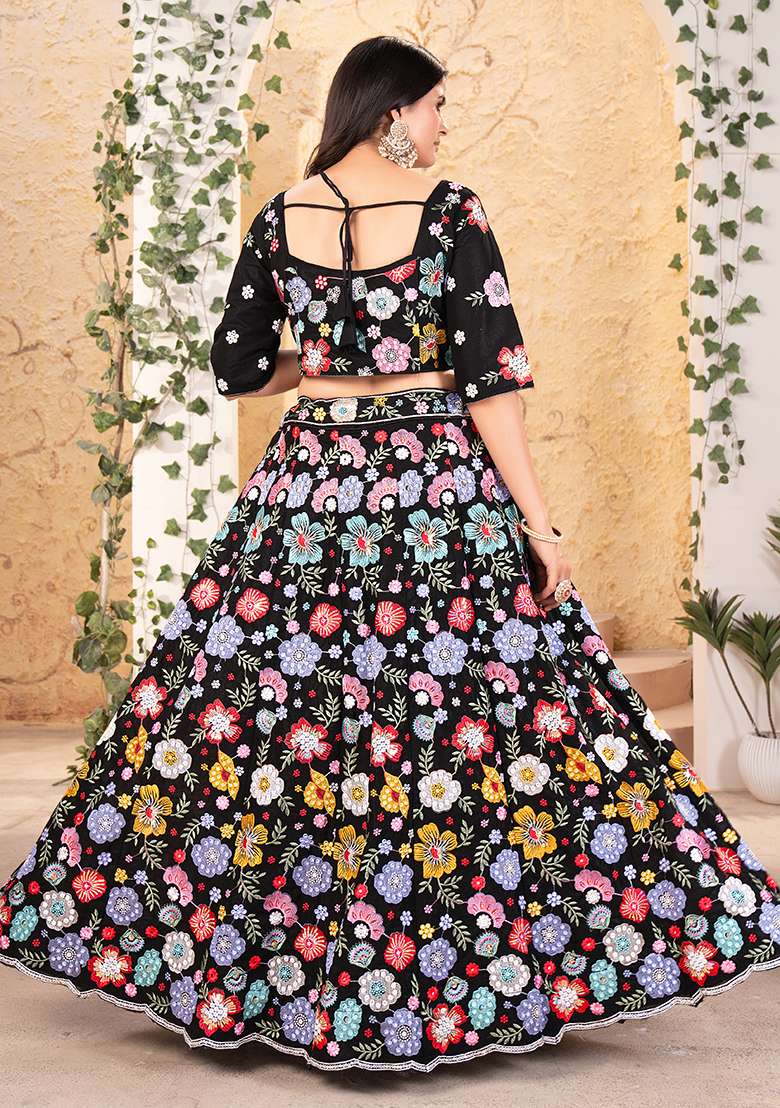 Black Embroidered Georgette Lehenga Set for Diwali and Festive Wear - Indya