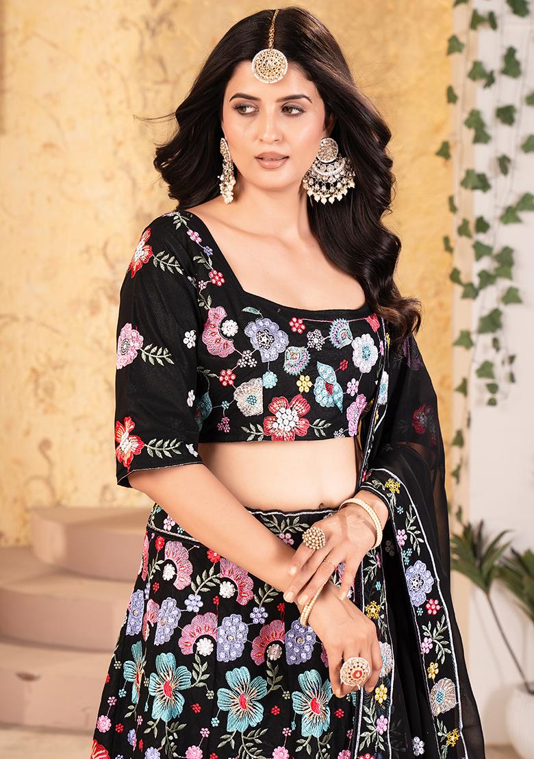 Black Embroidered Georgette Lehenga Set - Indya