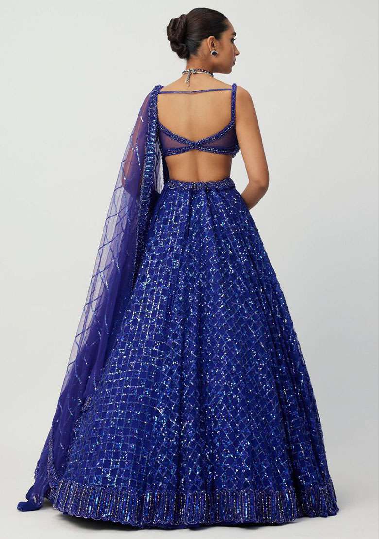Blue Embroidered Net Lehenga Set for Diwali and Festive Wear - Indya