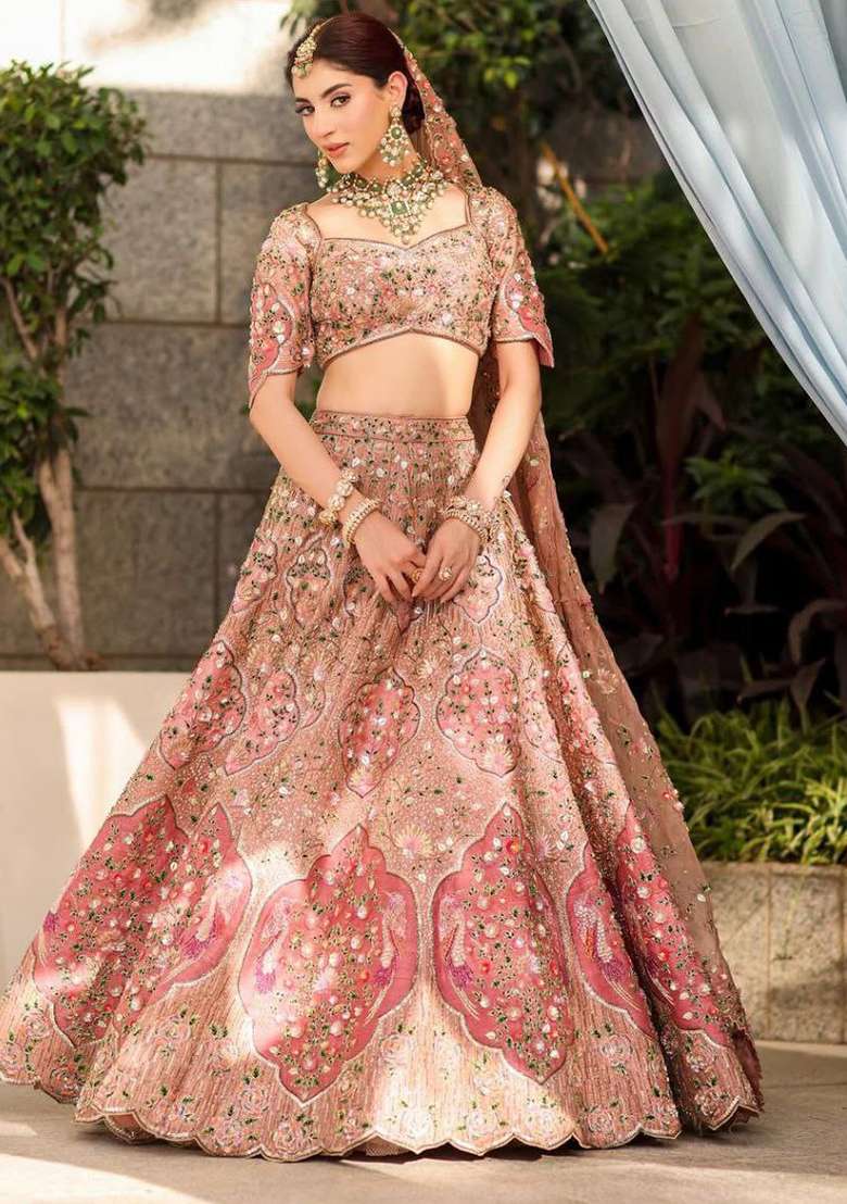 Baby Pink Embroidered Silk Blend Lehenga Set - Indya