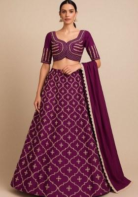 Wine Embroidered Silk Lehenga Set