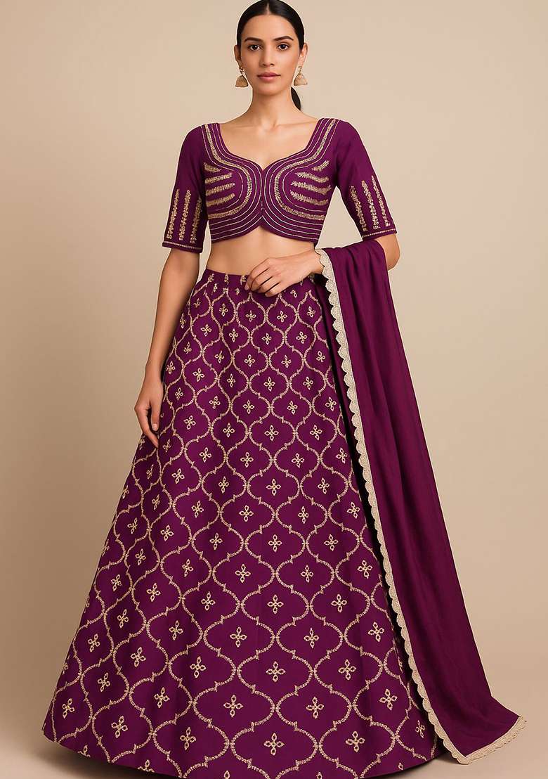 Wine Embroidered Silk Blend Lehenga Set - Indya