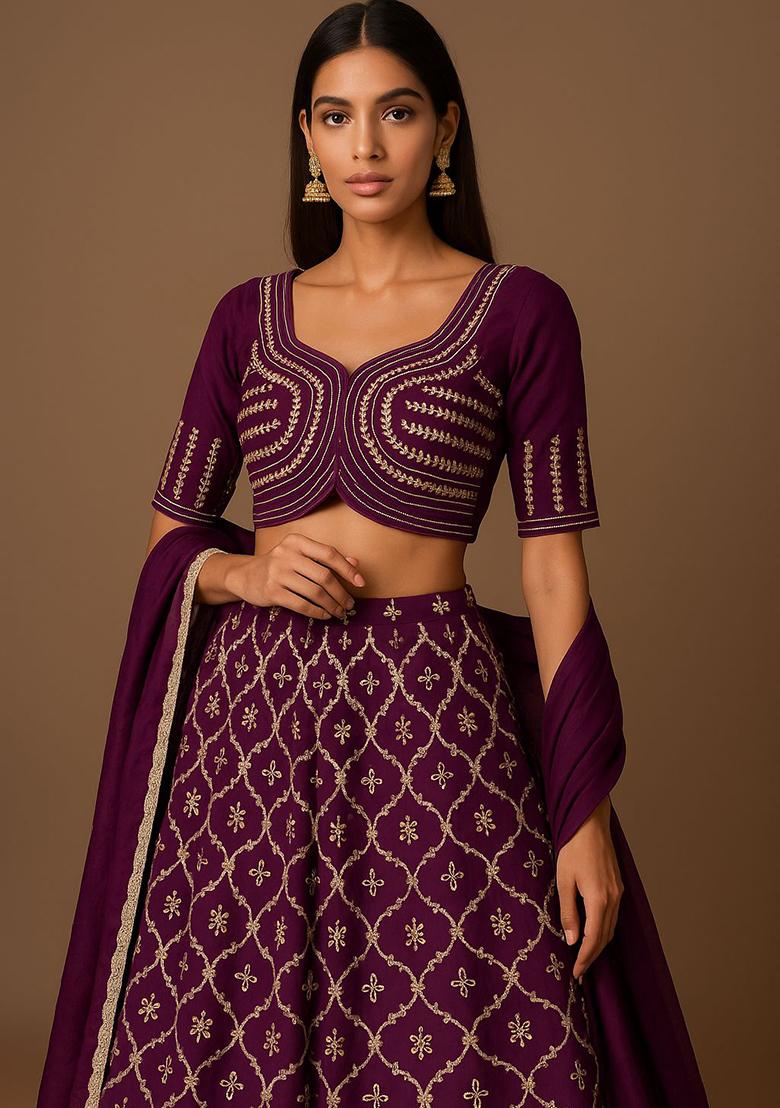 Wine Embroidered Silk Lehenga Set - Indya
