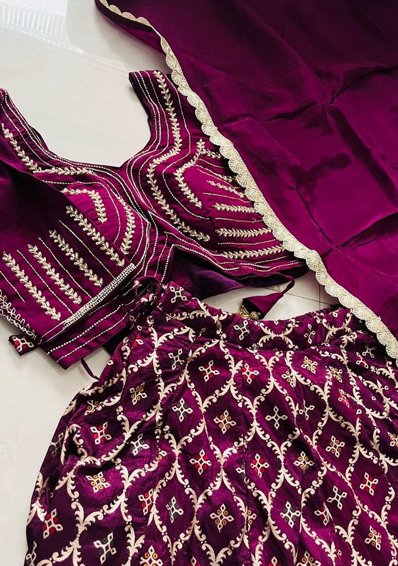 Wine Embroidered Silk Lehenga Set - Indya
