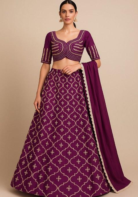 Wine Embroidered Silk Lehenga Set