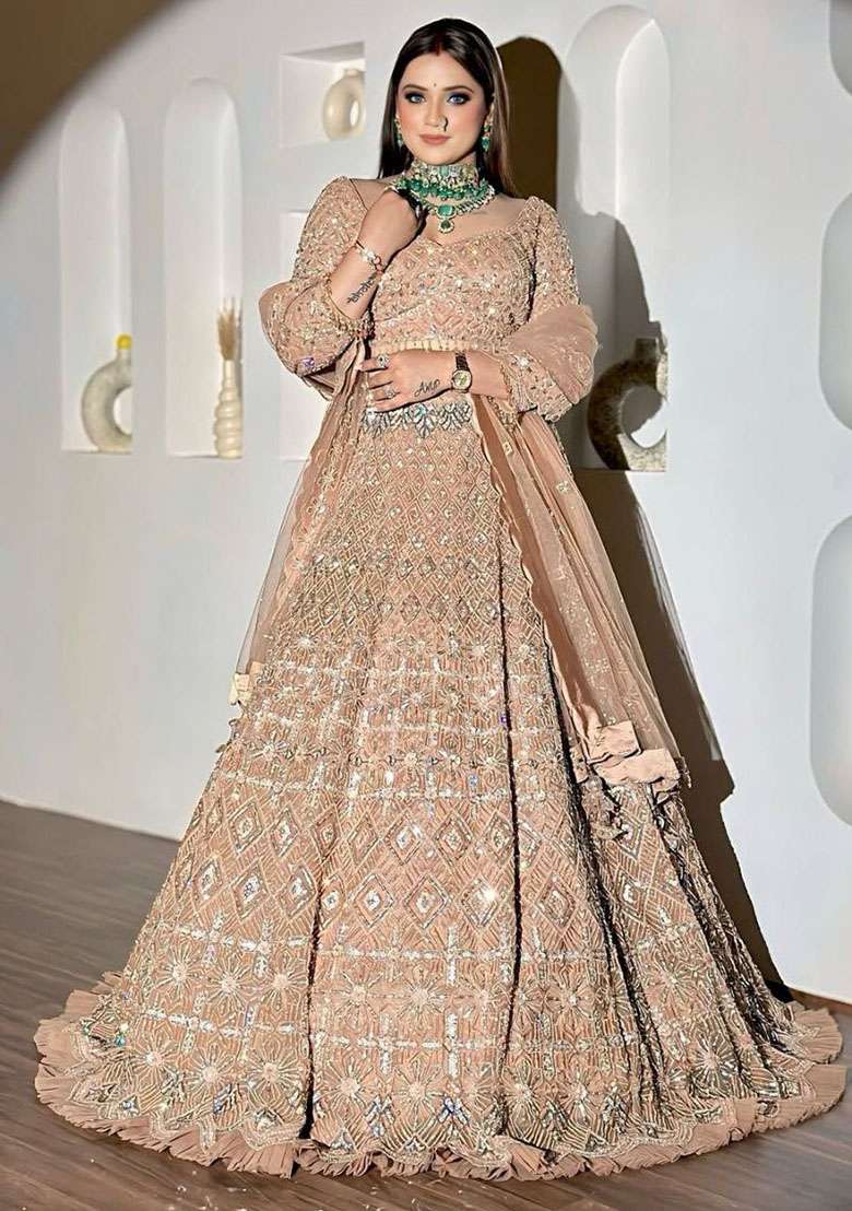 Golden Embroidered Net Lehenga Set - Indya