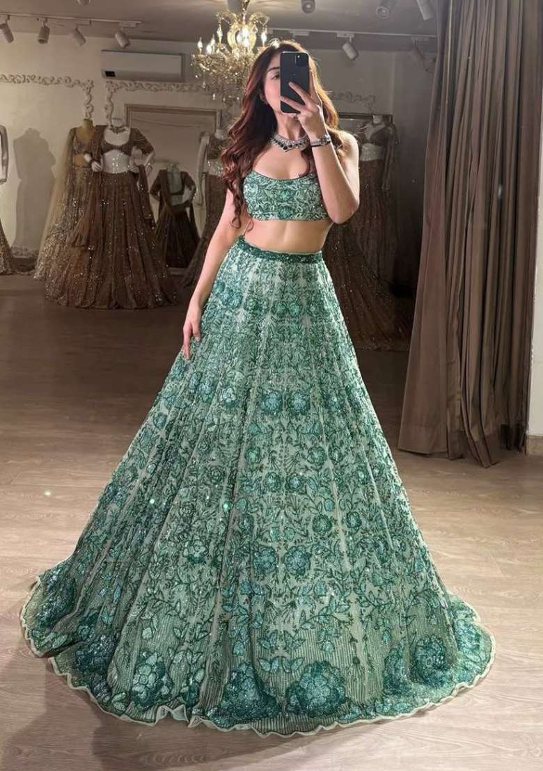 Green Embroidered Georgette Lehenga Set for Diwali and Festive Wear - Indya