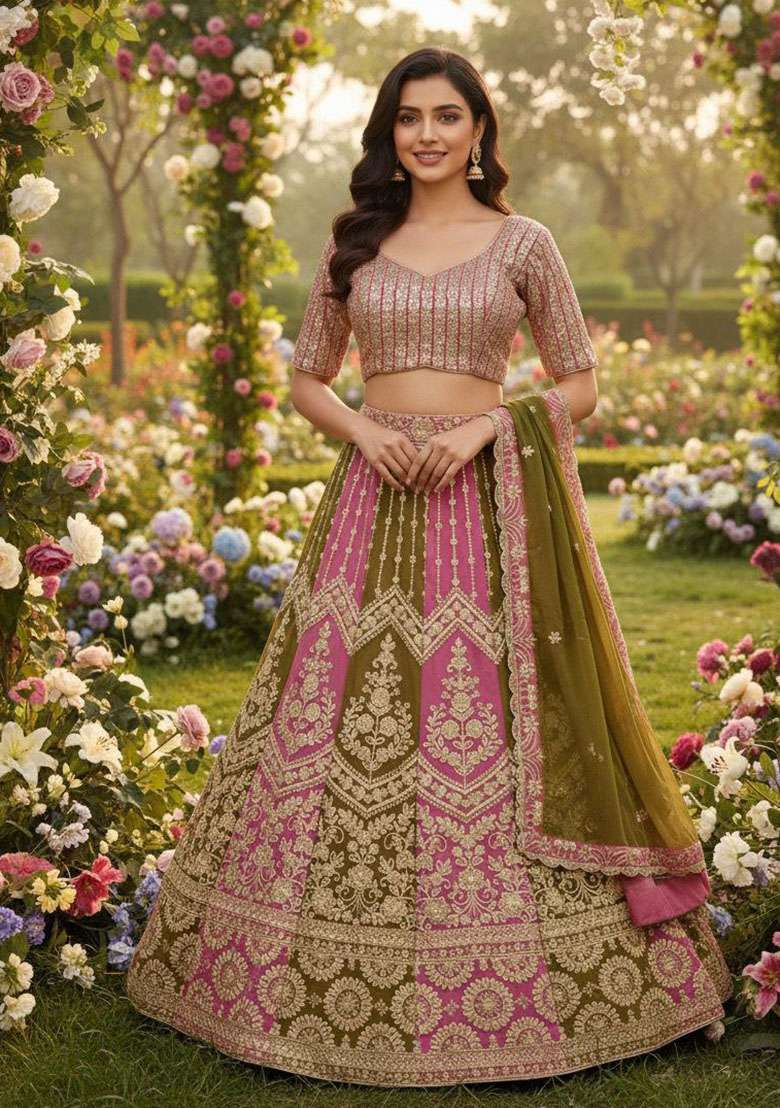 Mehendi Georgette Lehenga Set with Embroidered for Diwali | Wedding & Festive Wear - Indya