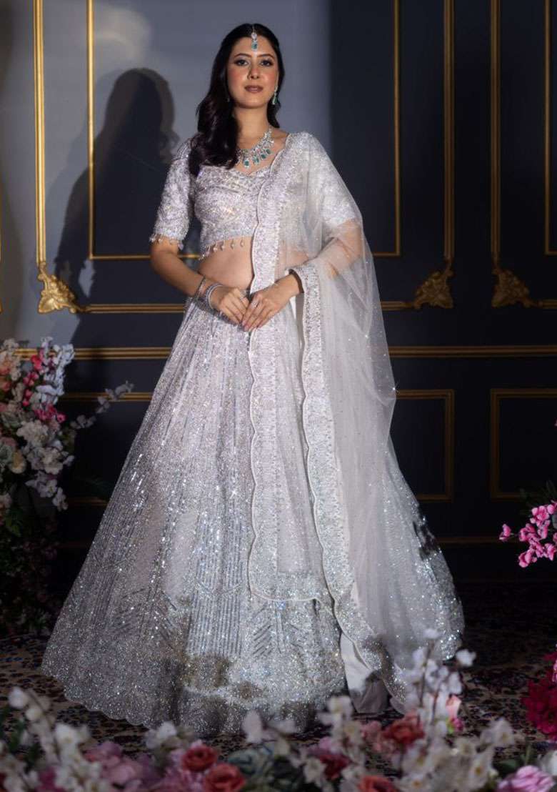Silver Embroidered Georgette Lehenga Set for Diwali and Festive Wear - Indya