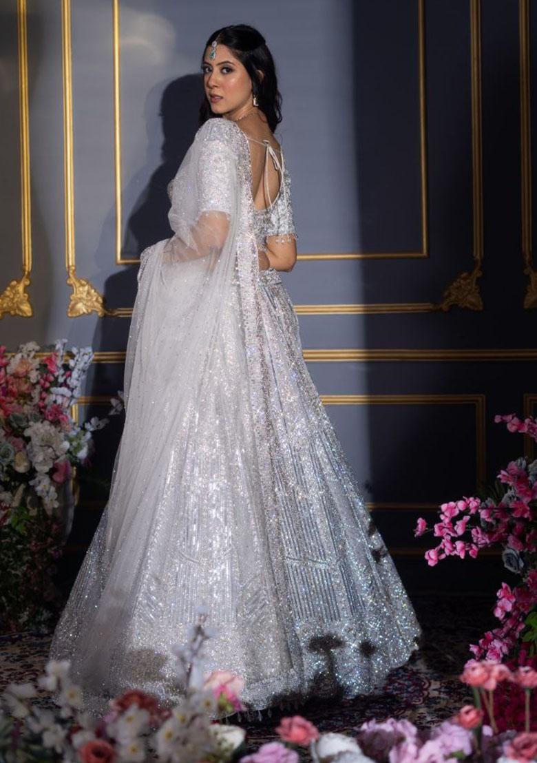 Silver Embroidered Georgette Lehenga Set - Indya