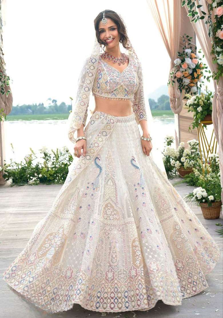 White Embroidered Net Lehenga Set - Indya