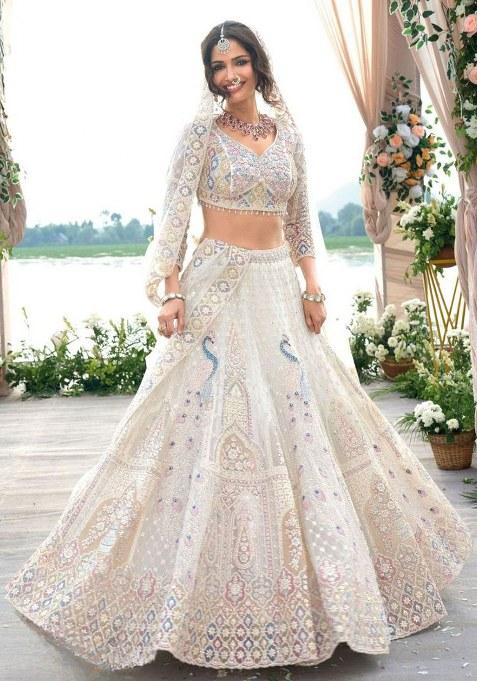 White Embroidered Net Lehenga Set