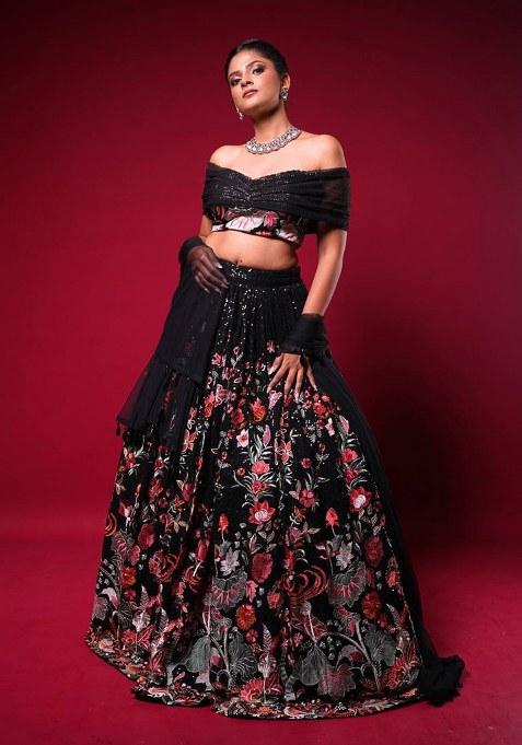 Black Embroidered Georgette Lehenga Set