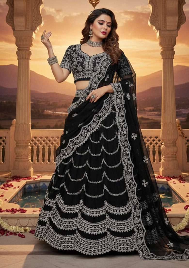 Black Embroidered Georgette Lehenga Set - Indya