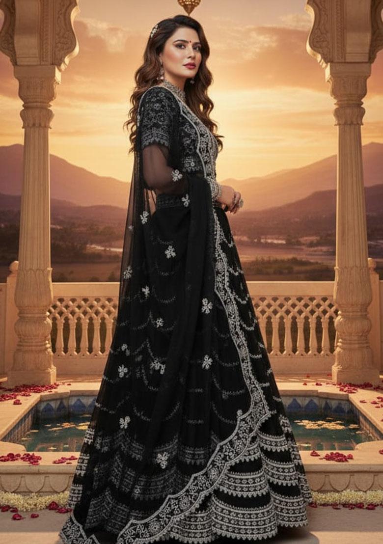 Black Embroidered Georgette Lehenga Set - Indya