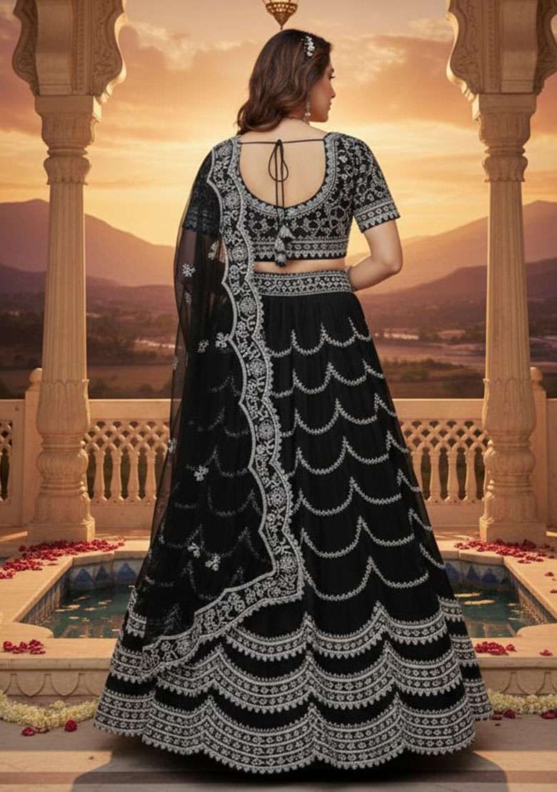 Black Embroidered Georgette Lehenga Set - Indya