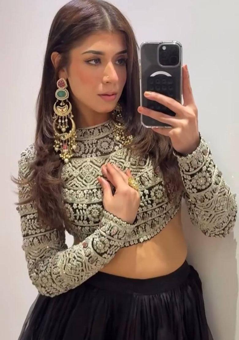 Black Embroidered Organza Lehenga Set - Indya