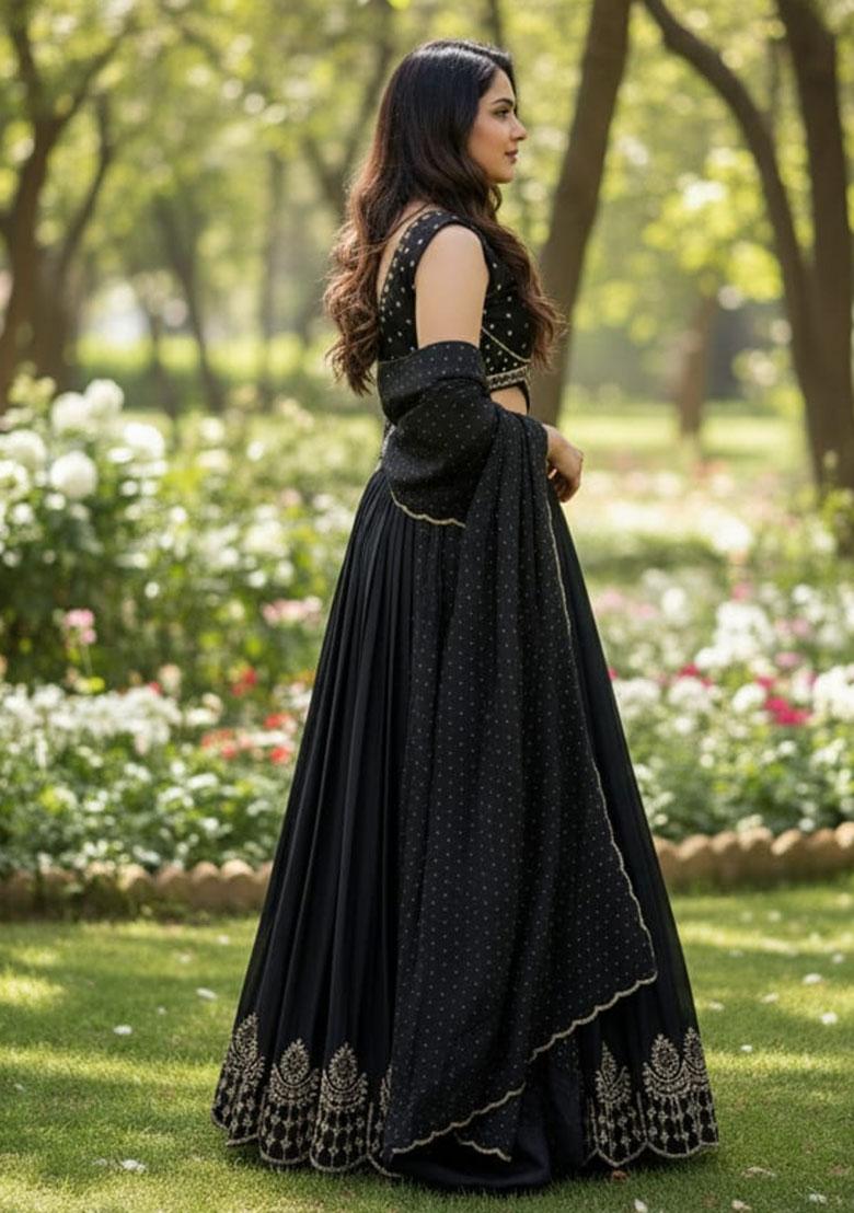 Black Embroidered Silk Lehenga Set - Indya