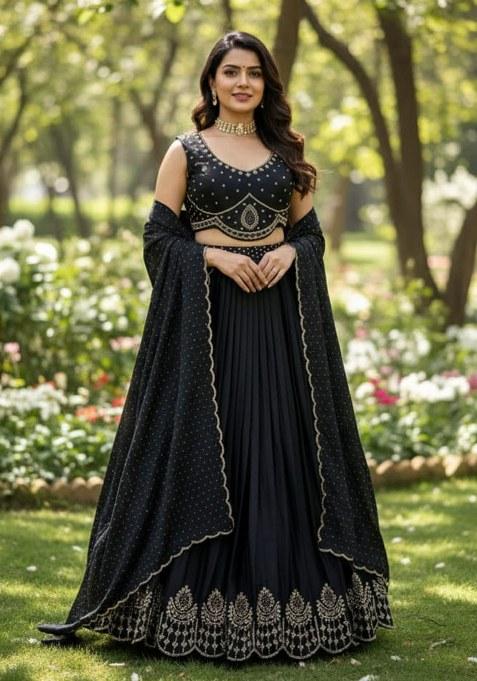 Black Embroidered Silk Lehenga Set