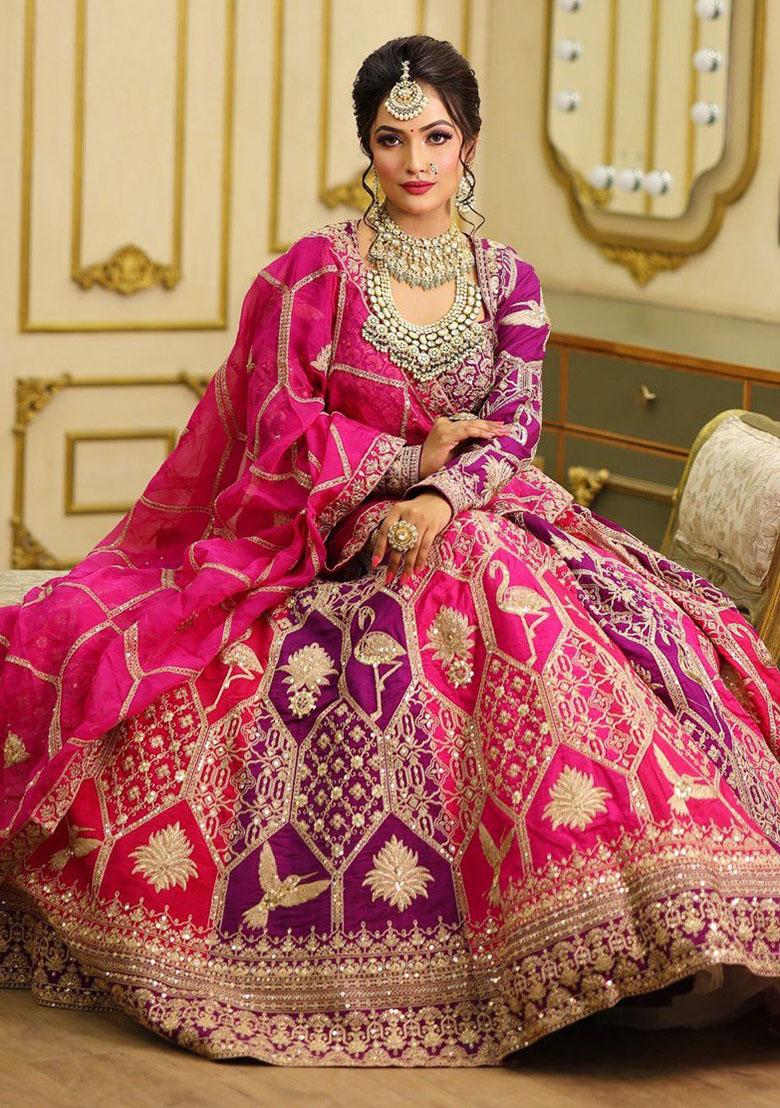 Purple Embroidered Georgette Lehenga Set - Indya