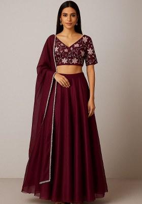 Wine Embroidered Silk Lehenga Set