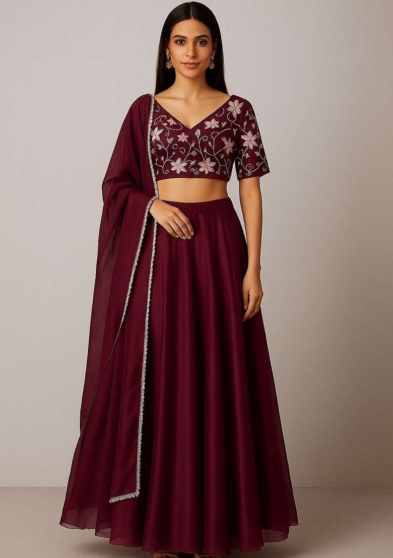 Wine Embroidered Silk Blend Lehenga Set - Indya