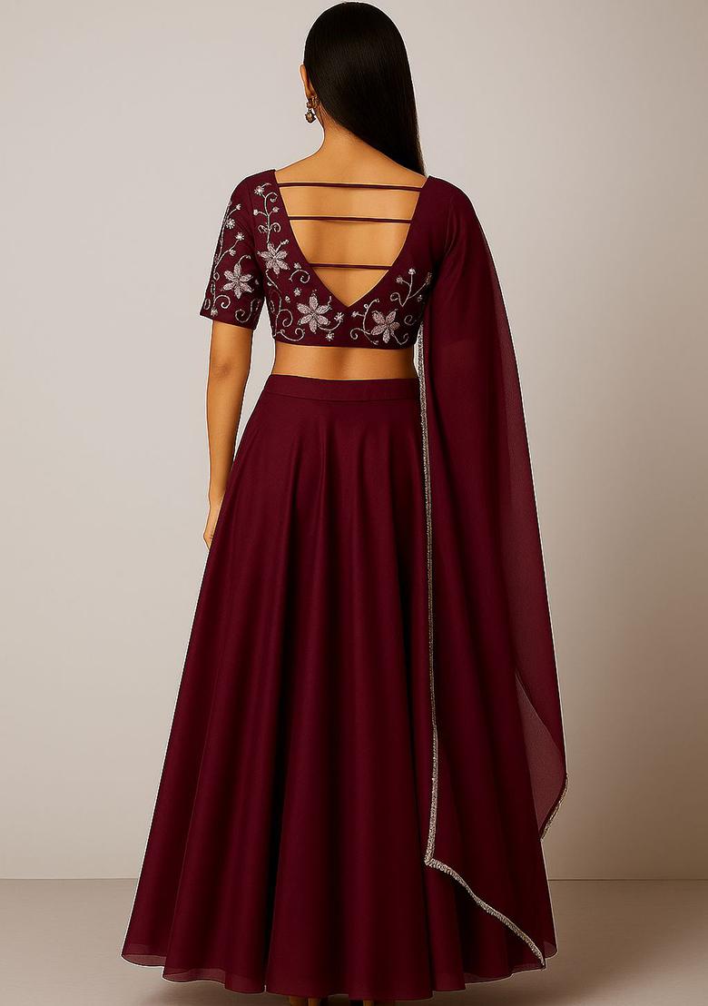 Wine Embroidered Silk Lehenga Set - Indya