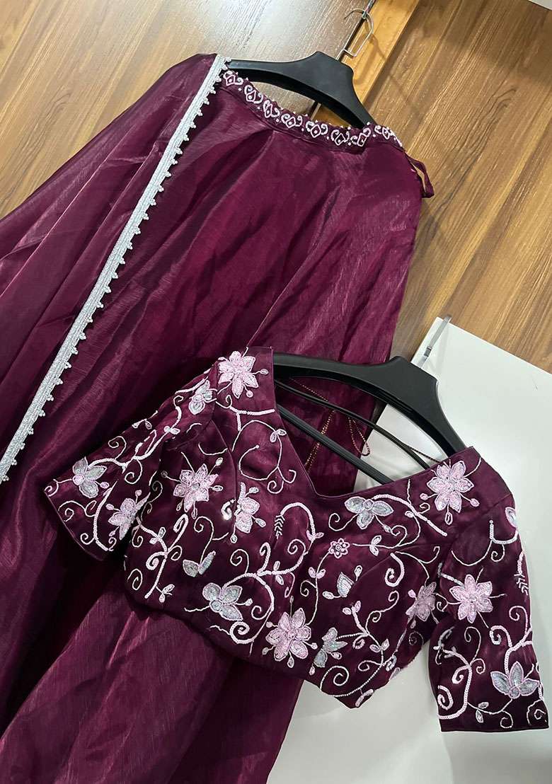 Wine Embroidered Silk Blend Lehenga Set - Indya