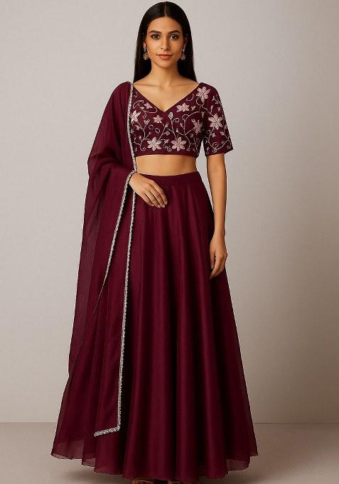 Wine Embroidered Silk Lehenga Set