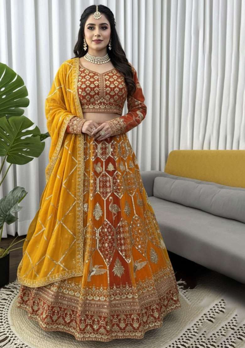 Yellow Embroidered Georgette Lehenga Set - Indya