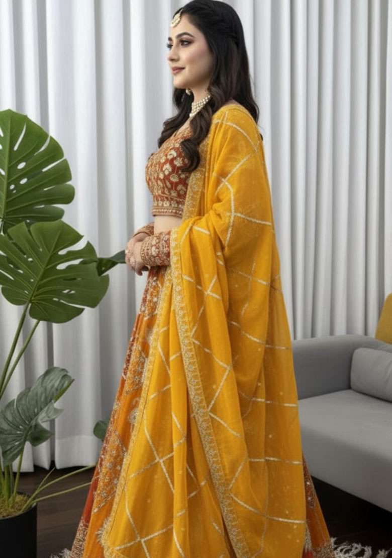 Yellow Embroidered Georgette Lehenga Set - Indya