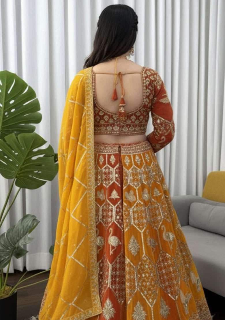 Yellow Embroidered Georgette Lehenga Set - Indya