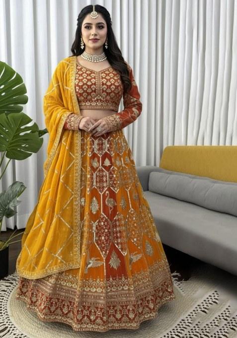 Yellow Embroidered Georgette Lehenga Set