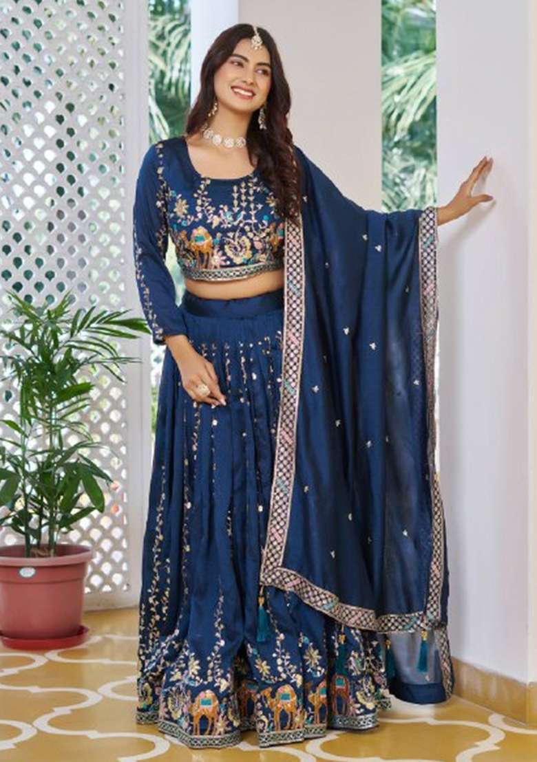 Blue Silk Blend Lehenga Set with Embroidered for Diwali | Wedding & Festive Wear - Indya