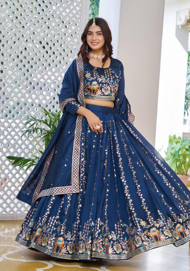 Blue Embroidered Silk Lehenga Set - Indya