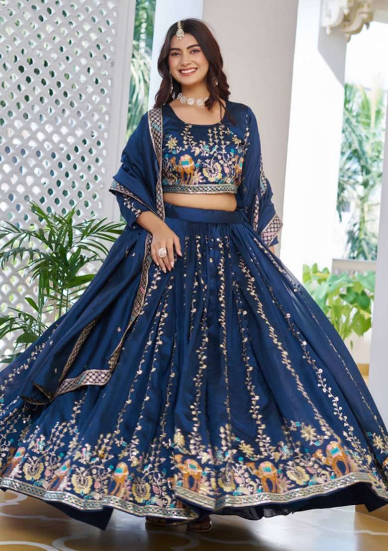 Blue Silk Blend Lehenga Set with Embroidered for Diwali | Wedding & Festive Wear - Indya