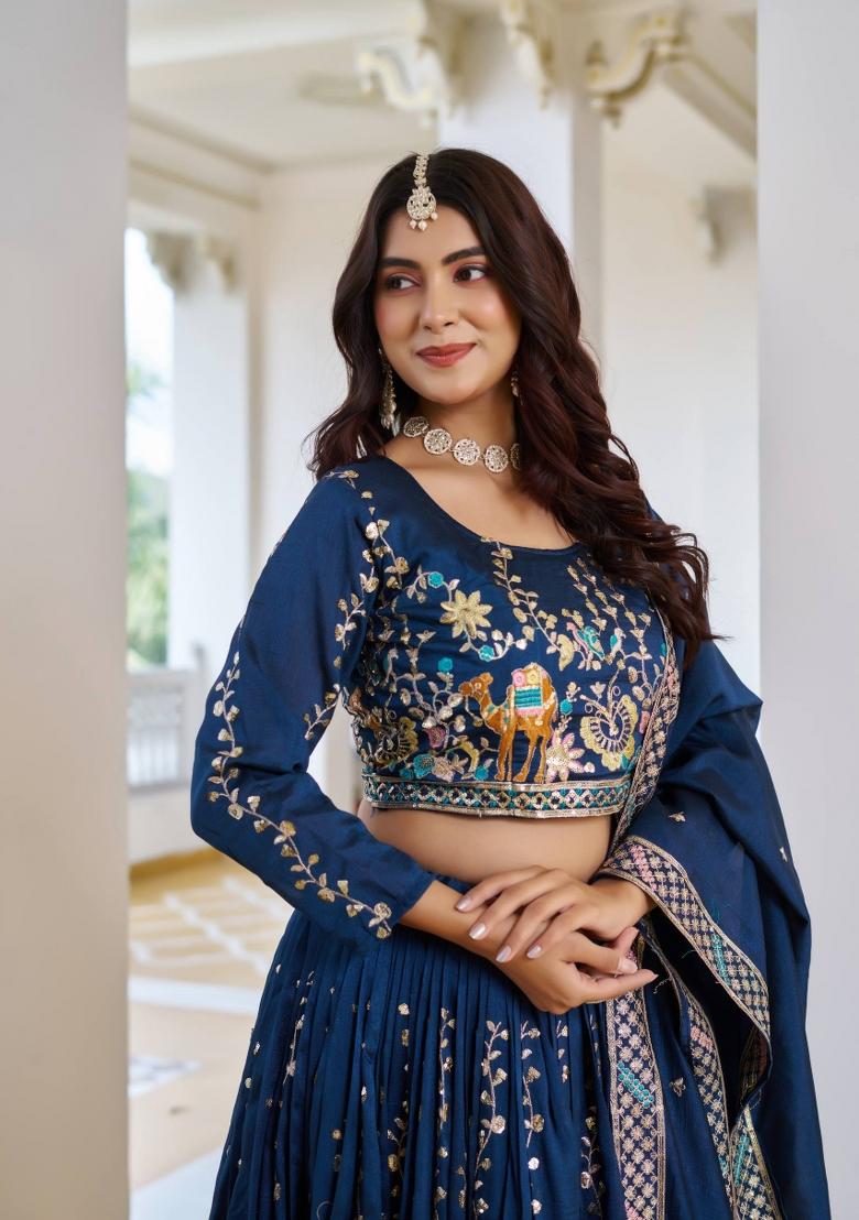 Blue Embroidered Silk Lehenga Set - Indya