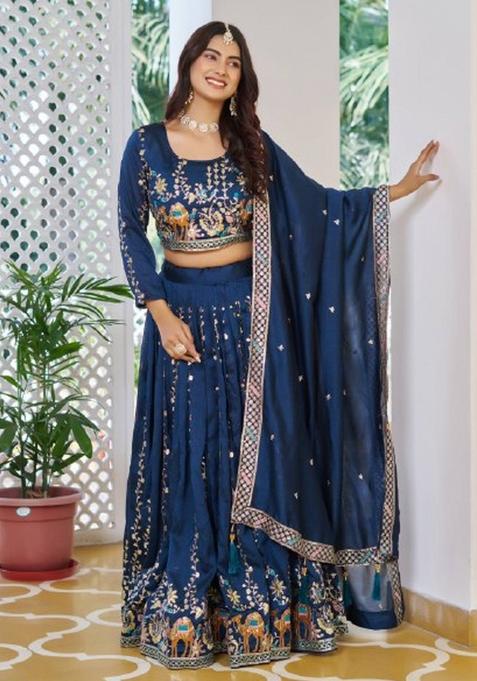 Blue Embroidered Silk Lehenga Set